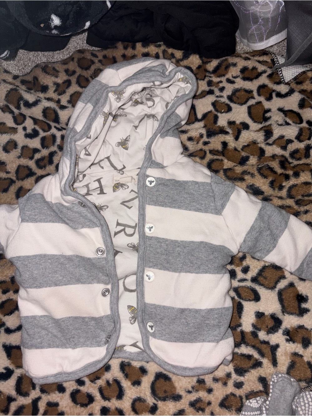 Striped Hooded Baby Jacket in Gray & Cream